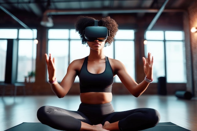 Femme afro-américaine dans des lunettes de réalité virtuelle 3D méditant dans une pose de yoga