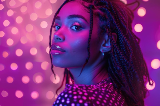 Une femme afro-américaine debout dans un studio avec des lumières au néon