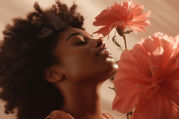 Photo une femme afro-américaine délicate et jolie sent les fleurs de gerberas roses.