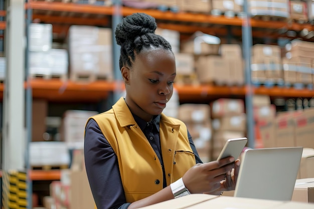 Une femme afro-américaine, directrice d'inventaire, vérifie le stock sur son smartphone dans l'entrepôt.