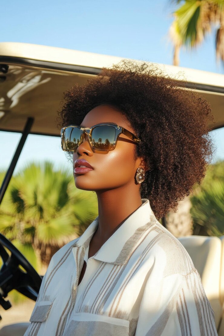 Une femme afro-américaine élégante en lunettes de soleil profite d'une journée ensoleillée sur un terrain de golf. Portrait à côté du caddy.