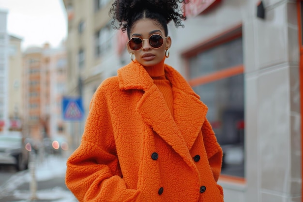 Photo une femme afro-américaine élégante en manteau orange dans une rue de la ville.