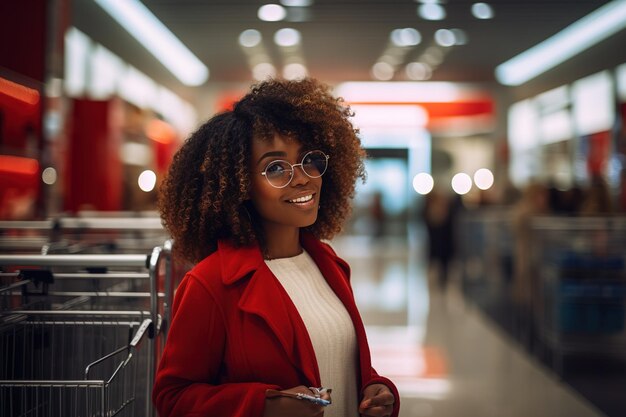 femme afro-américaine faisant ses courses dans un supermarché ou un grand magasin