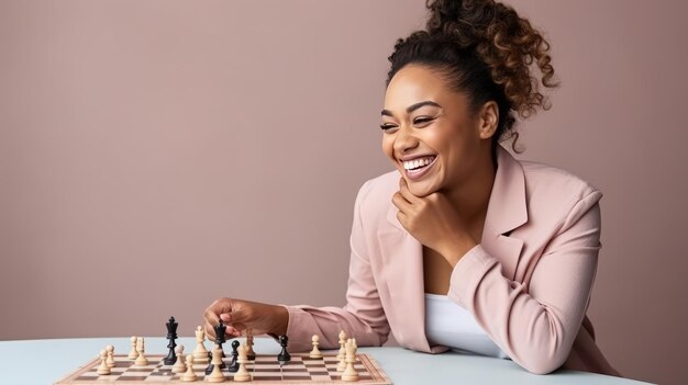 Photo une femme afro-américaine habilitée maîtrisant stratégiquement les échecs un geste joyeux à l'écran ar 16