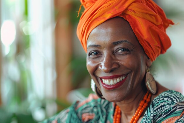 Une femme afro-américaine heureuse avec un foulard traditionnel à la maison