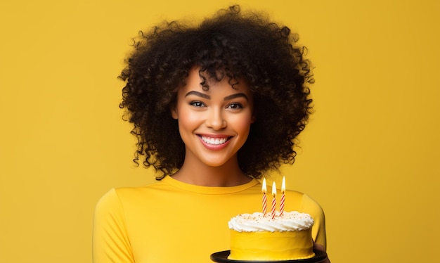 Une femme afro-américaine heureuse avec un gâteau d'anniversaire et un chapeau de fête sur fond jaune