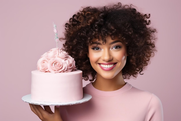 Une femme afro-américaine heureuse avec un gâteau d'anniversaire et un chapeau de fête sur un fond rose