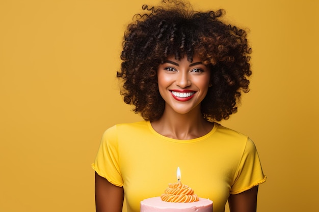 Une femme afro-américaine heureuse avec un gâteau d'anniversaire sur un fond jaune