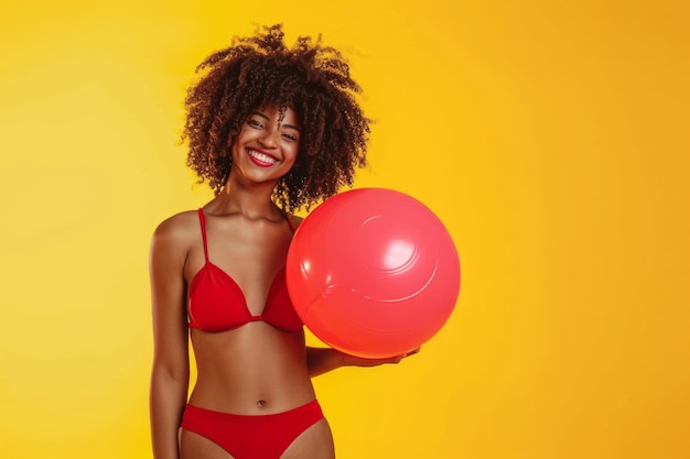 Une femme afro-américaine heureuse en maillot de bain rouge s'amusant en tenant une balle gonflable et en partant en voyage de vacances d'été debout sur un fond de studio jaune Tour de vacances et concept de voyage