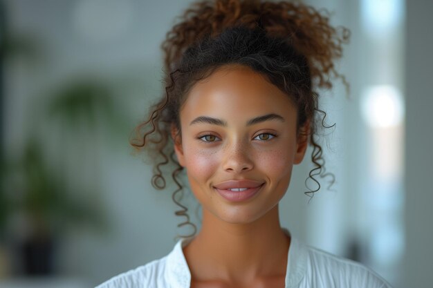 Photo une femme afro-américaine heureuse rayonne de joie dans un ensemble blanc portrait en gros plan