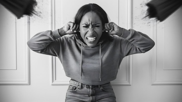 Femme afro-américaine insatisfaite incapable de se concentrer dérangée par le bruit fort bouche les oreilles avec