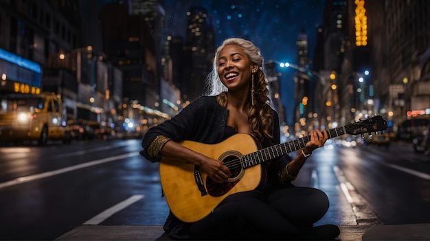 Femme afro-américaine jouant de la guitare dans la ville la nuit souriant arrière-plan flou près de la ville