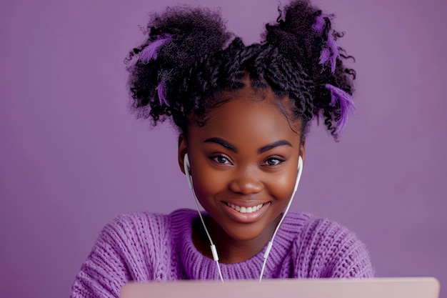 Une femme afro-américaine joyeuse jouant de la musique sur un ordinateur portable sur un fond violet vibrant