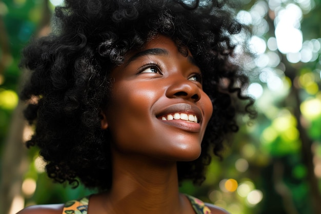 Une femme afro-américaine joyeuse et rayonnante avec des cheveux noirs bouclés