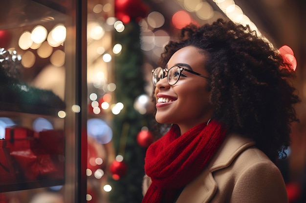 une femme afro-américaine en lunettes marche dans la rue et regarde dans une vitrine générée par l'IA