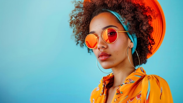 Une femme afro-américaine à la mode avec une coiffure afro et des lunettes de soleil orange.