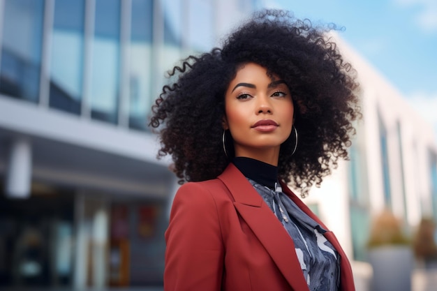 Une femme afro-américaine moderne se tient près d'un immeuble d'affaires.