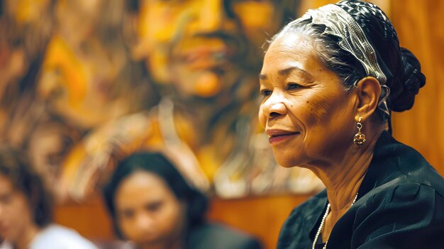 Photo une femme afro-américaine plus âgée est de profil et sourit.