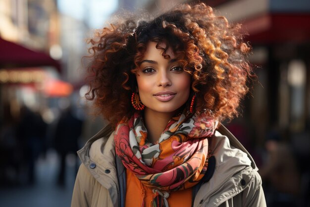 Une femme afro-américaine posant avec confiance dans un environnement urbain dynamique IA générative