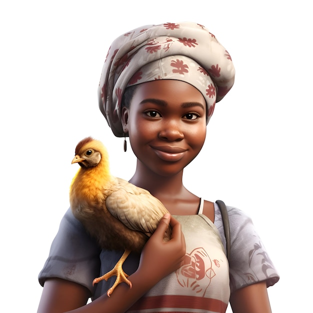 Femme afro-américaine avec un poulet isolé sur fond blanc