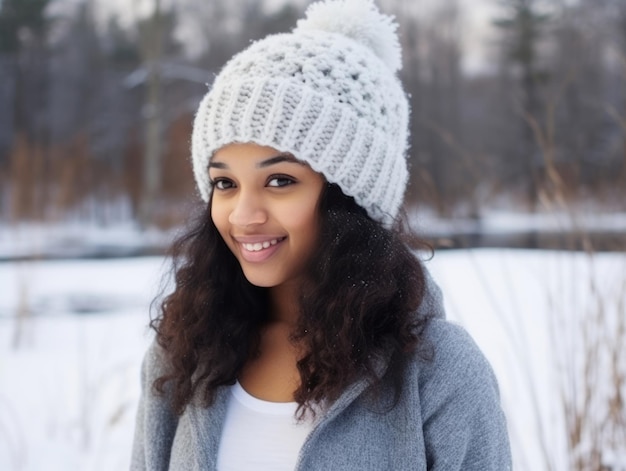 une femme afro-américaine profite de la journée d'hiver enneigée dans une pose dynamique et émotionnelle ludique