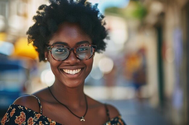 Femme afro-américaine rayonnante avec un beau sourire portant des lunettes tendance et un haut fleuri respirant le bonheur et la confiance dans un cadre urbainxA