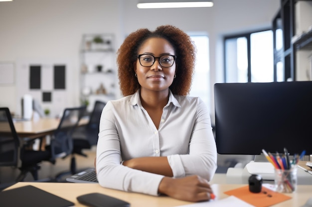Photo femme afro-américaine responsable des opérations dans une startup sur le marché assise dans son bureau