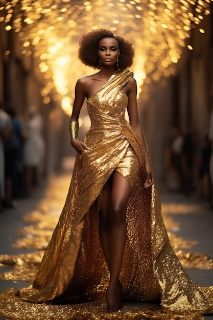 Photo femme afro-américaine en robe dorée dans une rue