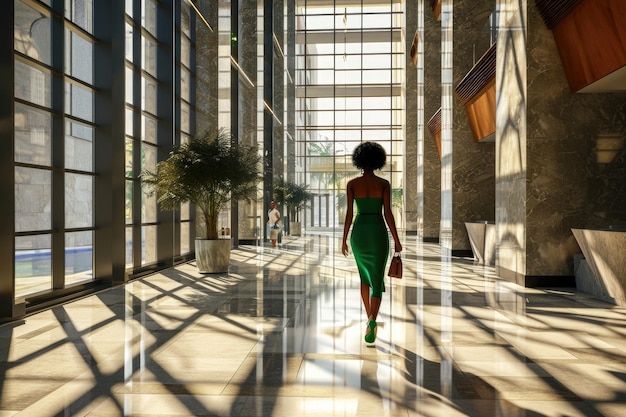 Une femme afro-américaine en robe verte dans le hall moderne