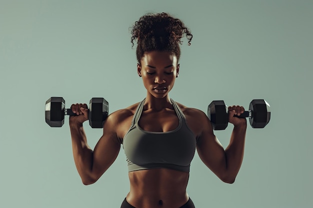 Photo femme afro-américaine soulève des haltères jeune athlète féminine faisant de l'entraînement physique s'engage dans une activité physique pour améliorer la santé et la forme physique sportiste s'entraîne isolée sur un fond gris