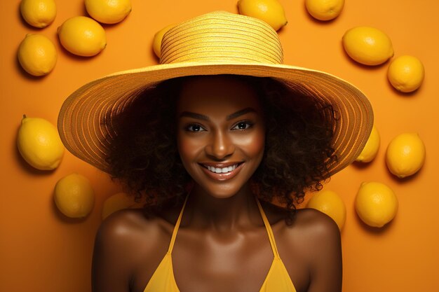 Une femme afro-américaine souriante et assez positive portant un chapeau de paille et des citrons de fruits sur le fond Concept de dermatologie de cosmétiques naturels