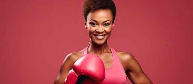 Femme afro-américaine souriante en vêtements de sport gants rouges coiffure élégante isolée sur fond rose espace de copie Concept de lutte contre le cancer du sein