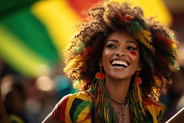 La femme afro-américaine sourit lors d'une célébration dans les couleurs nationales