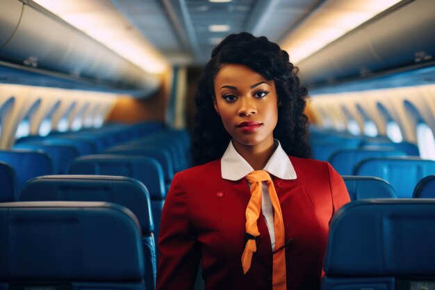 Femme afro-américaine travaillant comme hôtesse de l'air femme hôtesse d'avion intérieur