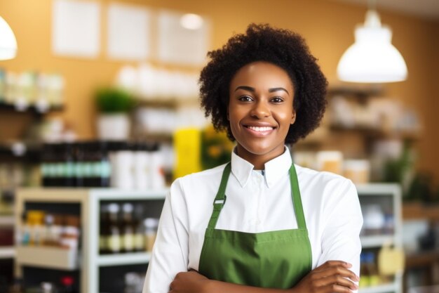 Femme afro-américaine vendeuse debout avec les bras croisés dans une épicerie