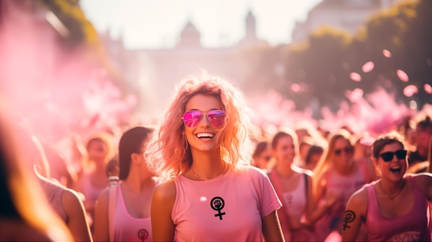 une femme afro aux cheveux blonds avec un mégaphone dans une marche vêtue de rose ou de violet lors d'un festival