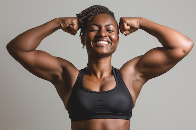 Une femme afro avec les bras en l'air tout en souriant concept de vie de fitness