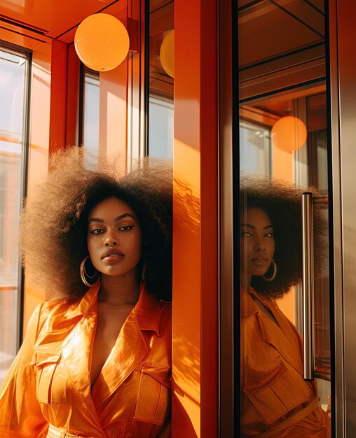 Photo une femme avec un afro est debout dans une fenêtre