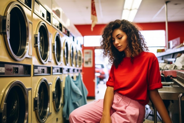 Femme afro faisant la lessive dans la laverie automatique