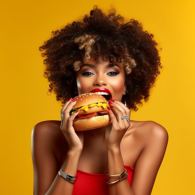 femme afro mangeant un hamburger