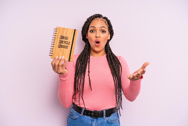 Une femme afro noire émerveillée, choquée et étonnée par un incroyable concept de recyclage surprise