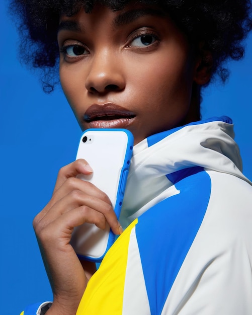 Une femme afro tenant un téléphone face à l'avant en vêtements de sport sur fond bleu