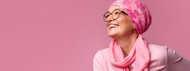 Femme d'âge moyen atteinte d'un cancer portant un foulard et souriant sur fond rose Créé avec la technologie d'IA générative