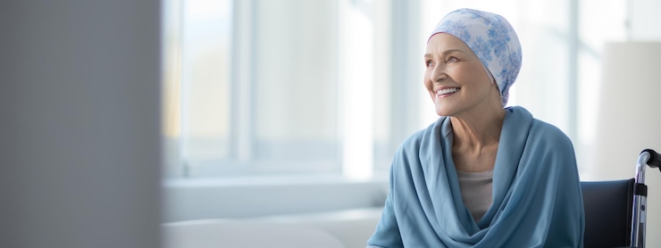 Photo une femme d'âge moyen atteinte de cancer portant un foulard sur la tête est assise dans un fauteuil roulant dans un hôpital créé avec la technologie d'intelligence artificielle générative