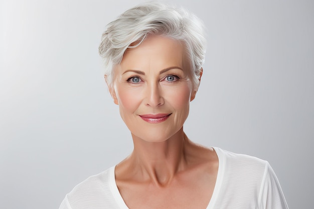 Femme d'âge moyen aux cheveux courts Concept de soins de santé pour femmes Femme d'âge moyen luxueuse avec des cheveux gris courts regardant la caméra