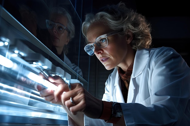 Une femme d'âge moyen en chemise de laboratoire examine un tube à essai