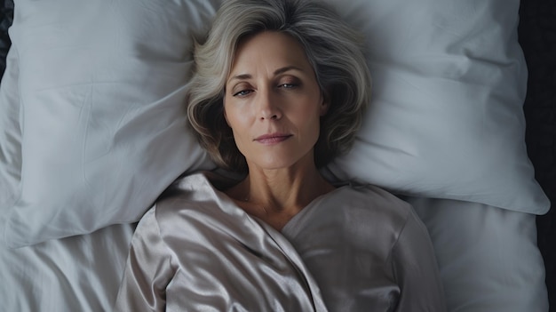 Une femme d'âge moyen déprimée allongée dans son lit ne peut pas dormir tard le matin avec l'insomnie