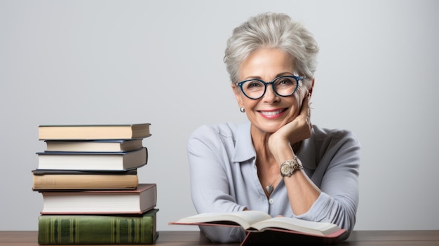 Une femme d'âge moyen est assise sur un fond gris à côté de piles de livres