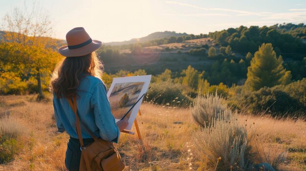 Une femme d'âge moyen d'Europe occidentale avec un béret et un pinceau peint un paysage dans un champ en Provence, en France