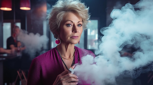 Une femme d'âge moyen exhale de la fumée de vape.